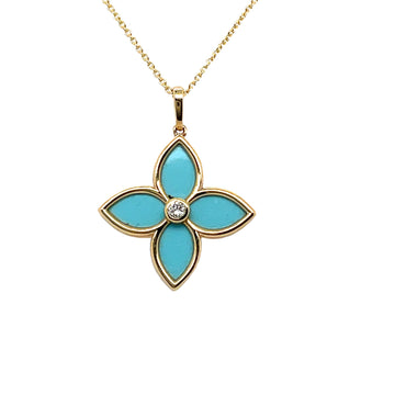 Turquoise Blue Enameled Flower Diamond Pendant